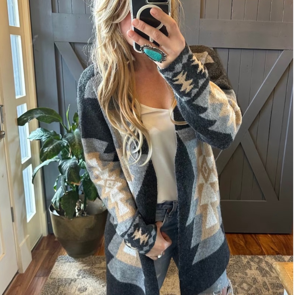 New Aztec Western Print Grey Long Cardigan Sweater Coat Western Cowichan Boho
